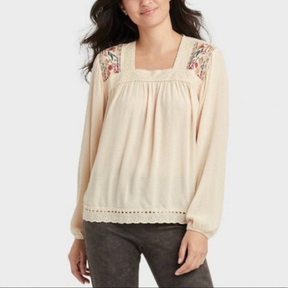 Knox Rose Size S Cream Floral Embroidered Lace Eyelet Peasant Blouse Top Rayon - Picture 2 of 11